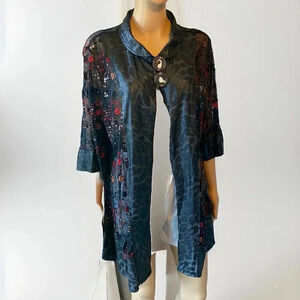 VTG Y2K BlackRed Lace Sequins Mesh Cardigan Kimono Fairy Goth Witch Boho Lady XL